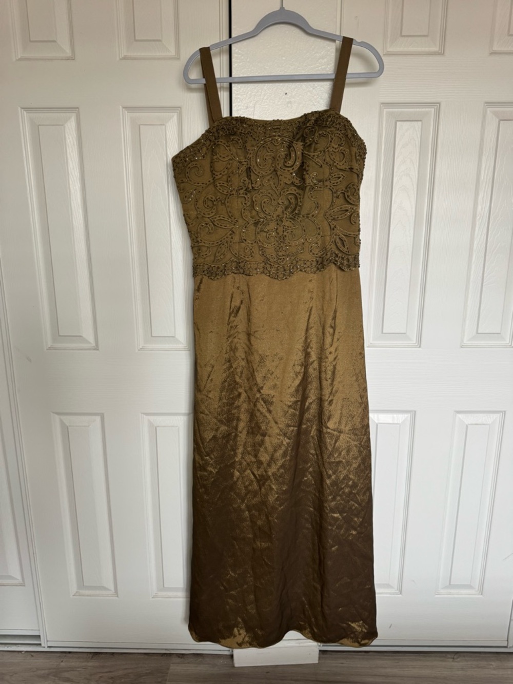 Beaded Strapless Evening Gown in Olive
